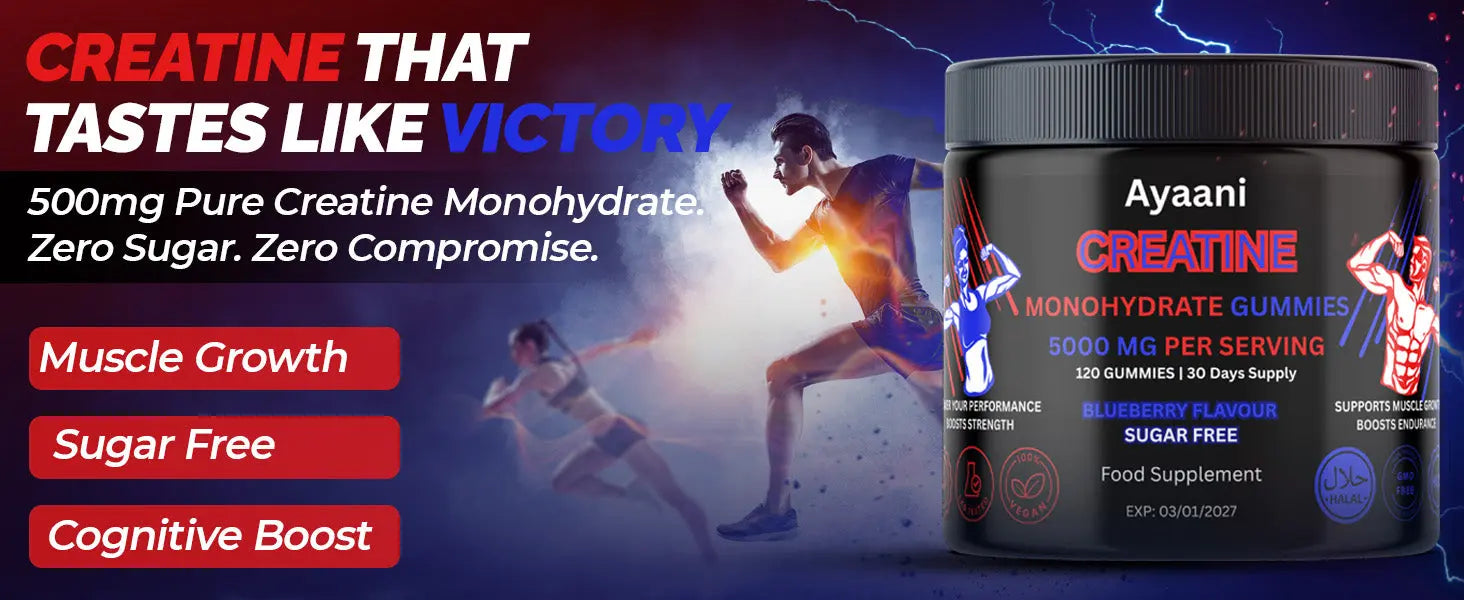 Ayaani Creatine Monohydrate Gummies - 120 Sugar-Free Blueberry Gummies - Muscle Growth & Strength Support - 5000mg Per Serving with L-Creatine, Taurine & Alpha-GPC - UK Developed - Ayaani