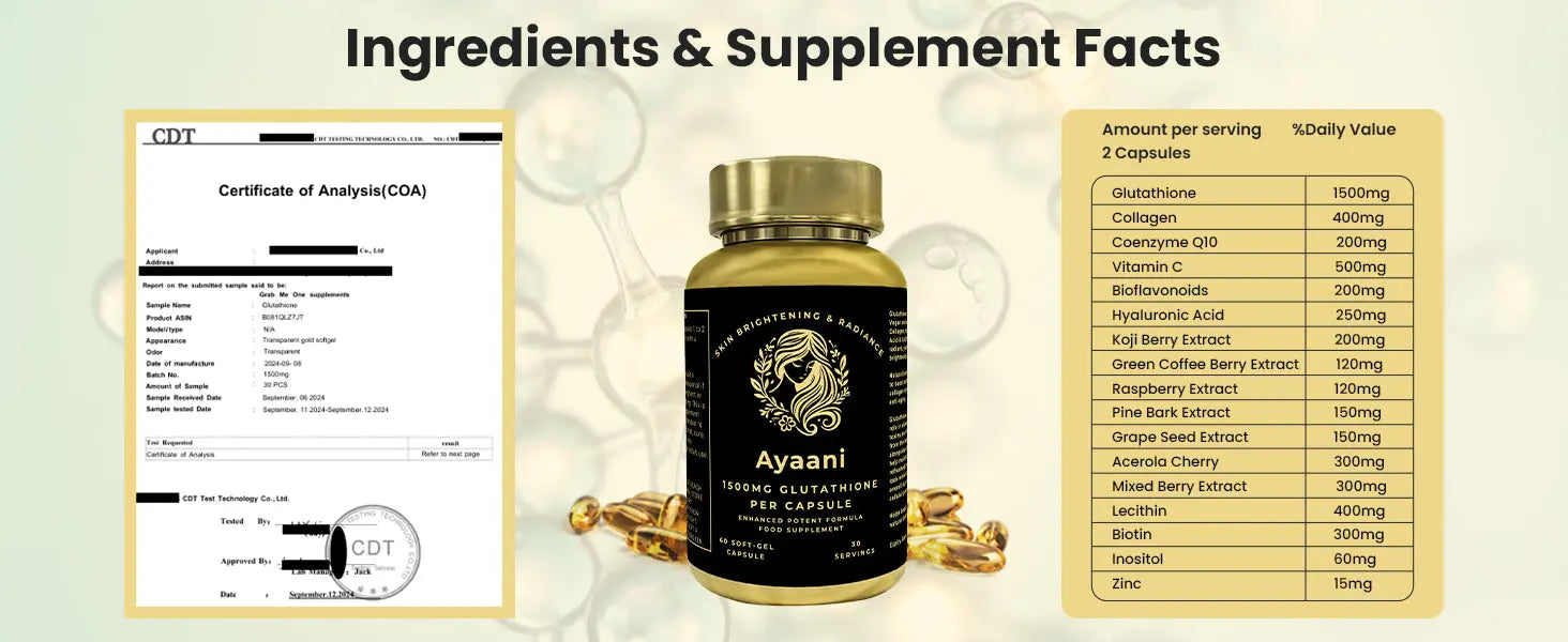 Ayaani Glutathione 1500mg - Premium Skin Brightening Supplement - 60 Vegan Capsules - Maximum Strength Formula - Ayaani