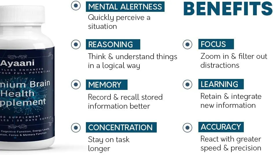 Ayaani Brain Health Supplement - 60 Vegan Capsules - Cognitive Enhancement Formula - Memory, Focus & Mental Clarity Support - Ayaani