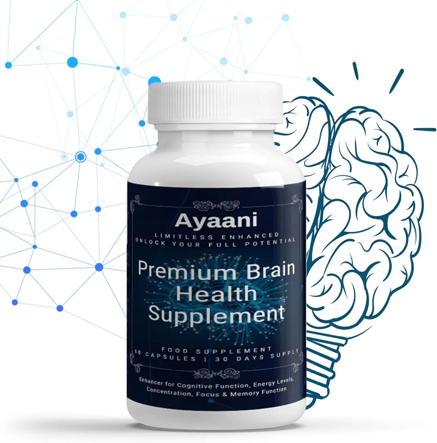 Ayaani Brain Health Supplement - 60 Vegan Capsules - Cognitive Enhancement Formula - Memory, Focus & Mental Clarity Support - Ayaani