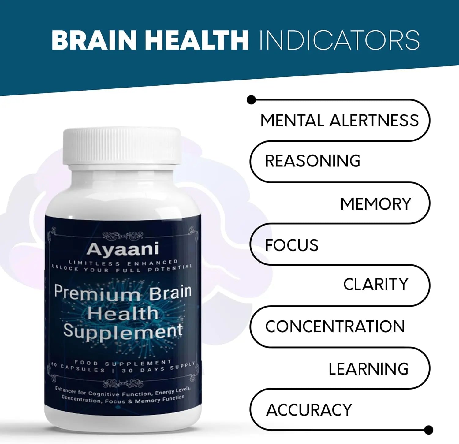 Ayaani Brain Health Supplement - 60 Vegan Capsules - Cognitive Enhancement Formula - Memory, Focus & Mental Clarity Support - Ayaani