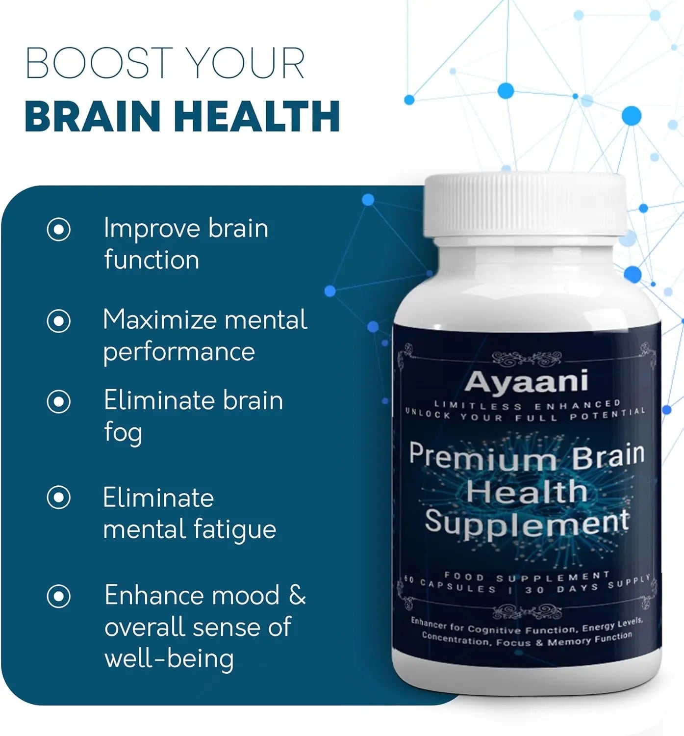 Ayaani Brain Health Supplement - 60 Vegan Capsules - Cognitive Enhancement Formula - Memory, Focus & Mental Clarity Support - Ayaani