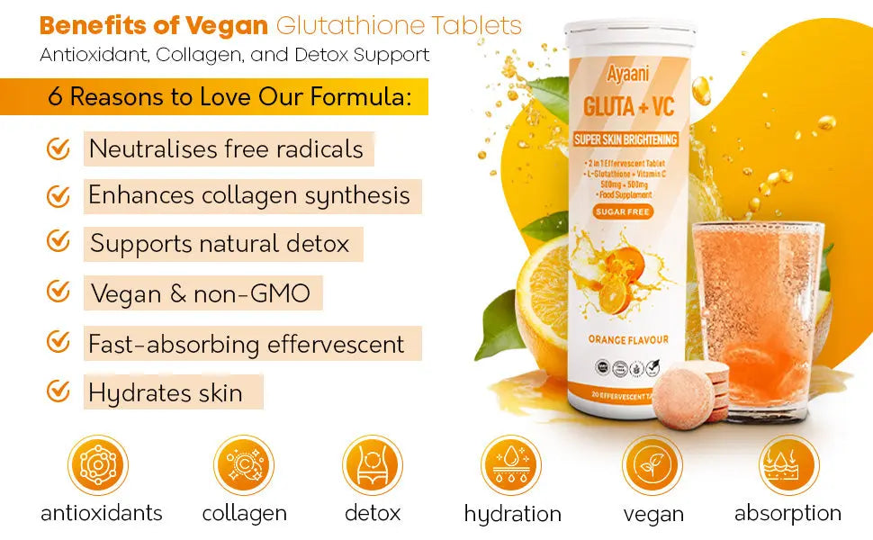 Glutathione 500mg with Vitamin C 500mg - Skin Brightening Effervescent Tablets - Orange Flavour - 20 Tablets - Enhanced Absorption - Ayaani