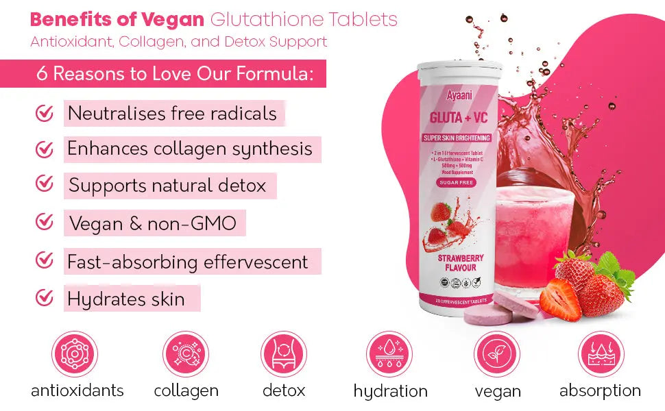 Glutathione 500mg with Vitamin C 500mg - Skin Brightening Effervescent Tablets - Strawberry Flavour - 20 Tablets - Enhanced Absorption - Ayaani