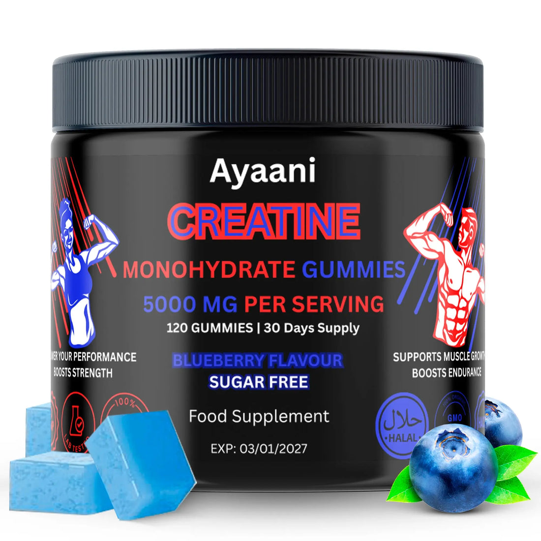 Ayaani Creatine Monohydrate Gummies - 120 Sugar-Free Blueberry Gummies - Muscle Growth & Strength Support - 5000mg Per Serving with L-Creatine, Taurine & Alpha-GPC - UK Developed - Ayaani