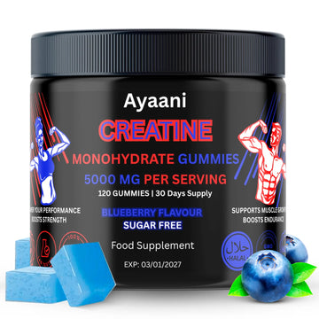 Ayaani Creatine Monohydrate Gummies - 120 Sugar-Free Blueberry Gummies - Muscle Growth & Strength Support - 5000mg Per Serving with L-Creatine, Taurine & Alpha-GPC - UK Developed - Ayaani