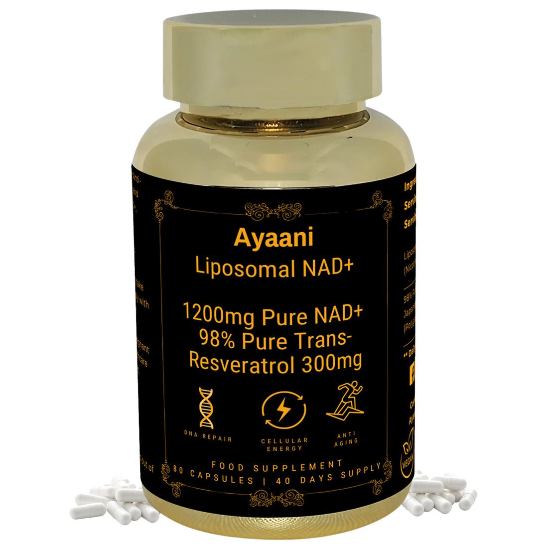 Ayaani Pure Liposomal NAD+ Supplements 1200mg - 80 Capsules - With Resveratrol 300mg - Anti-Ageing & Energy Support - Ayaani