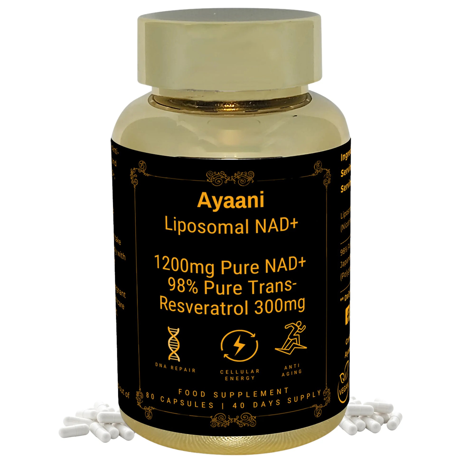 Ayaani Pure Liposomal NAD+ Supplements 1200mg - 80 Capsules - With Resveratrol 300mg - Anti-Ageing & Energy Support - Ayaani