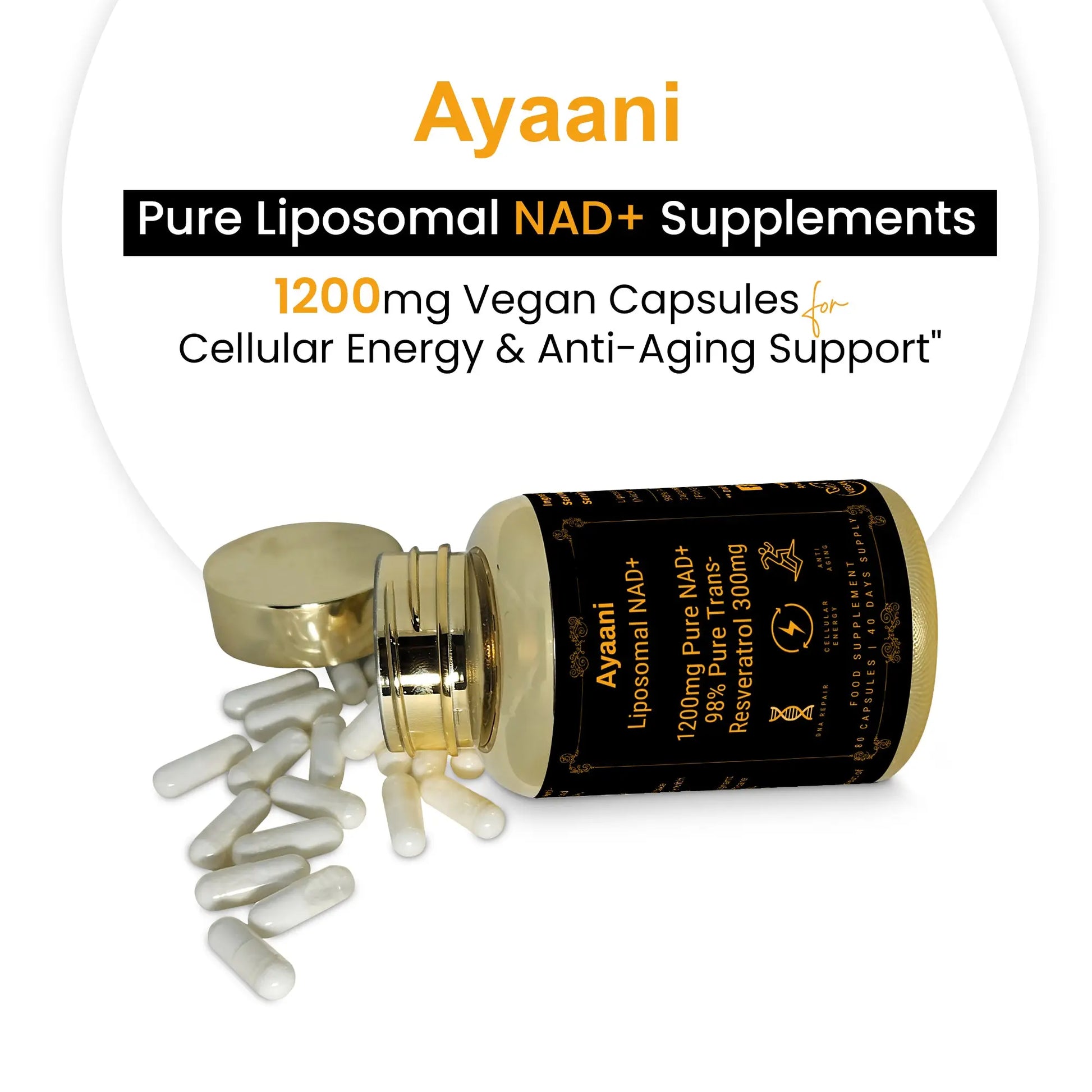 Ayaani Pure Liposomal NAD+ Supplements 1200mg - 80 Capsules - With Resveratrol 300mg - Anti-Ageing & Energy Support - Ayaani