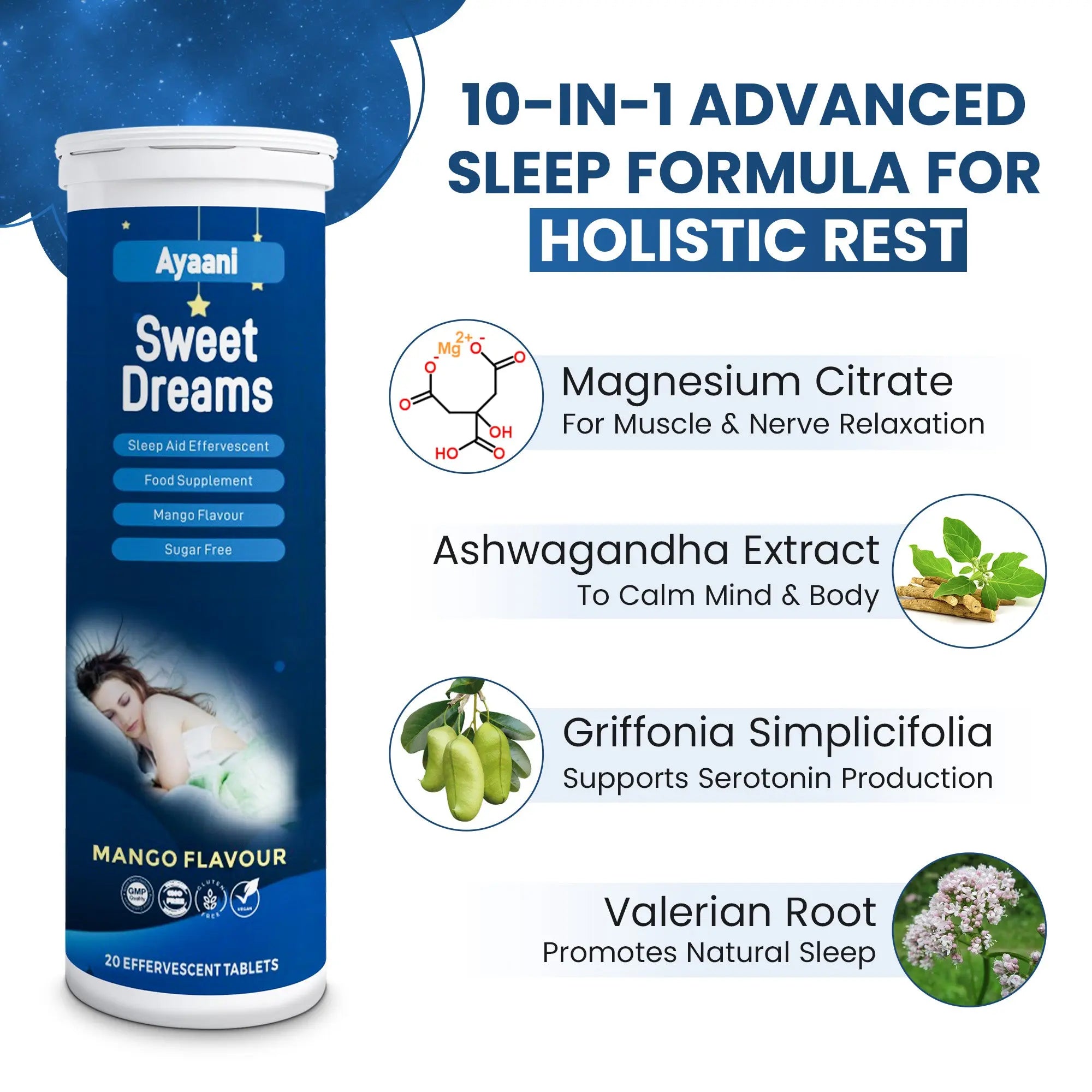 Sleeping Tablets for Adults - Deep Sleep, Vegan, Effervescent - Natural Sleep Aid with Magnesium, Valerian & L-Theanine - 20 Tablets - Ayaani
