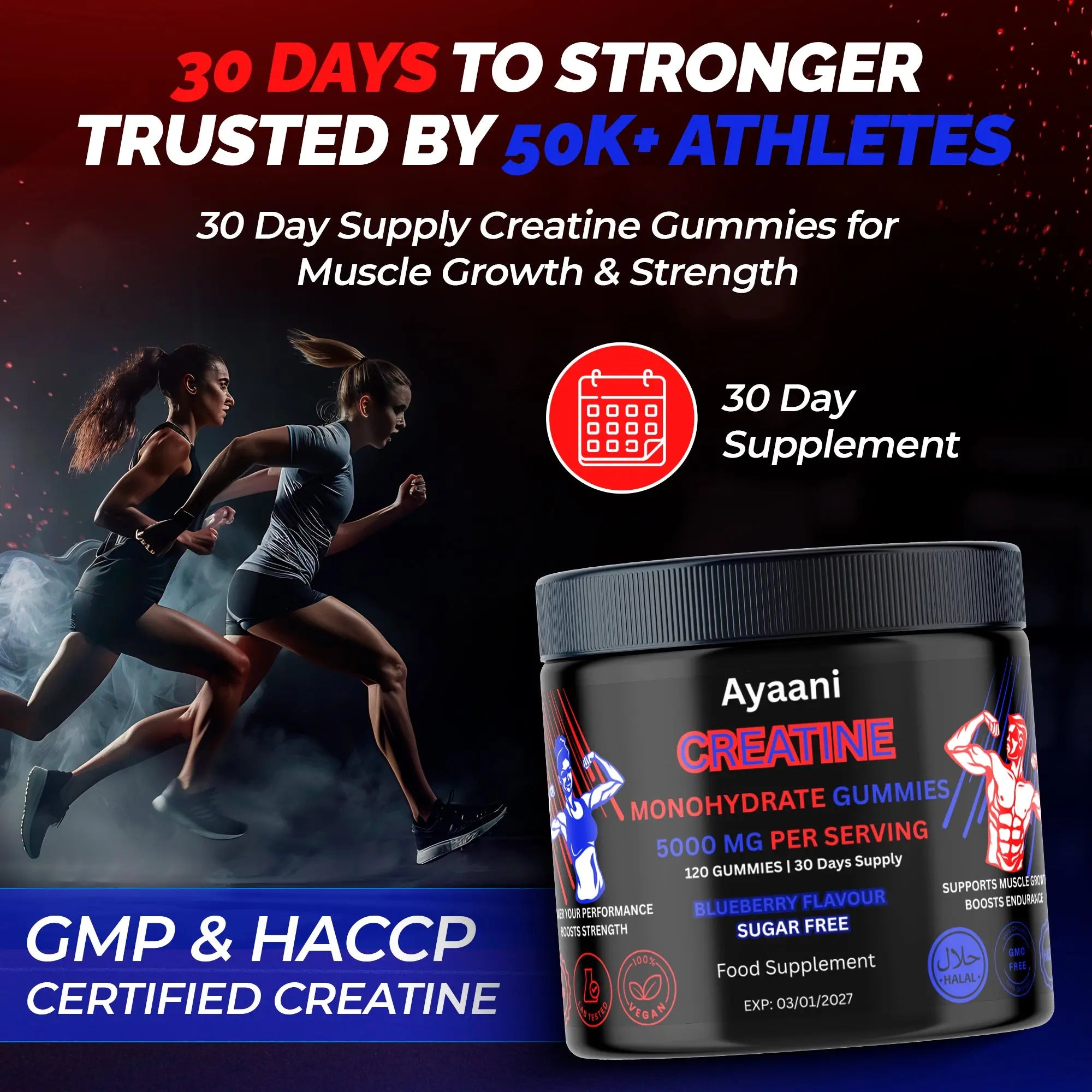 Ayaani Creatine Monohydrate Gummies - 120 Sugar-Free Blueberry Gummies - Muscle Growth & Strength Support - 5000mg Per Serving with L-Creatine, Taurine & Alpha-GPC - UK Developed - Ayaani