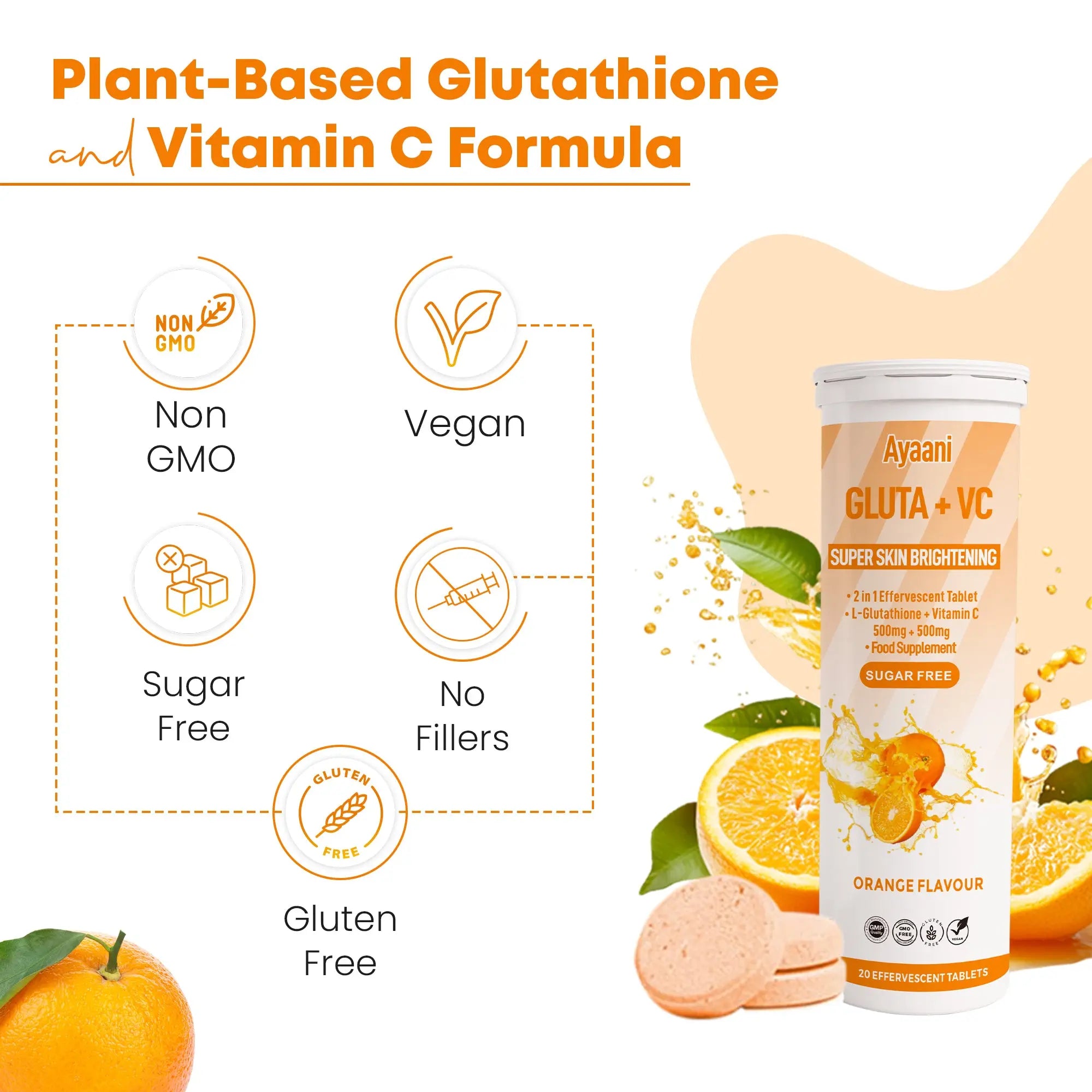 Glutathione 500mg with Vitamin C 500mg - Skin Brightening Effervescent Tablets - Orange Flavour - 20 Tablets - Enhanced Absorption - Ayaani