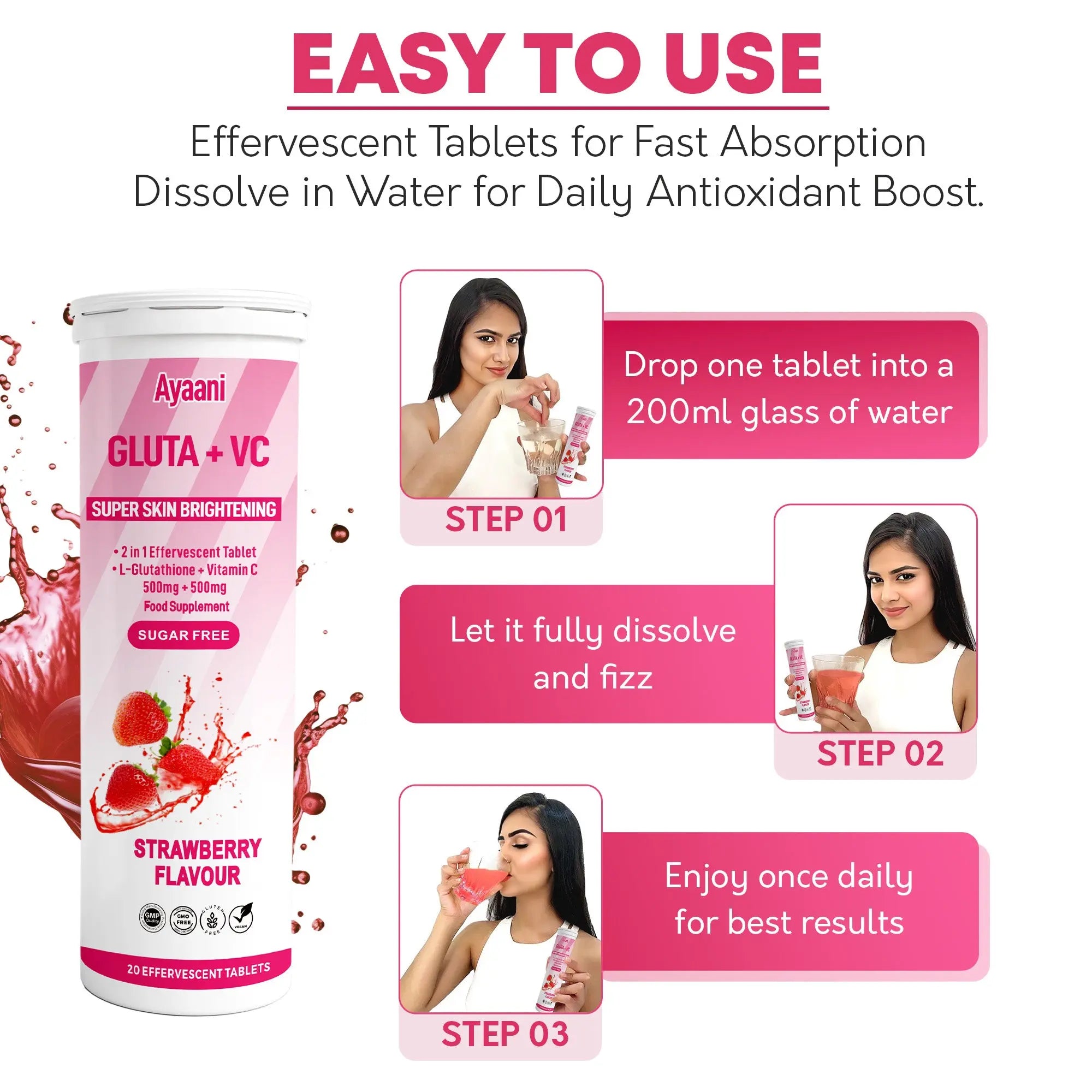 Glutathione 500mg with Vitamin C 500mg - Skin Brightening Effervescent Tablets - Strawberry Flavour - 20 Tablets - Enhanced Absorption - Ayaani