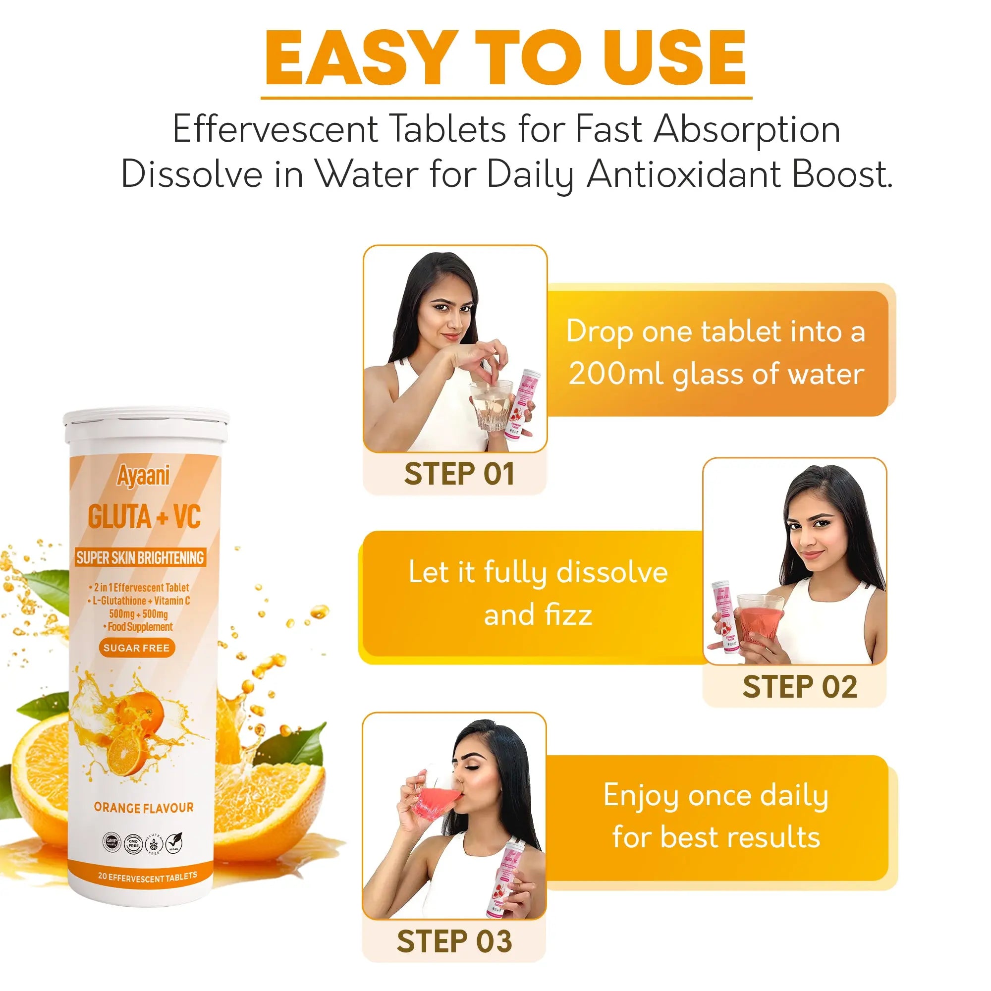 Glutathione 500mg with Vitamin C 500mg - Skin Brightening Effervescent Tablets - Orange Flavour - 20 Tablets - Enhanced Absorption - Ayaani