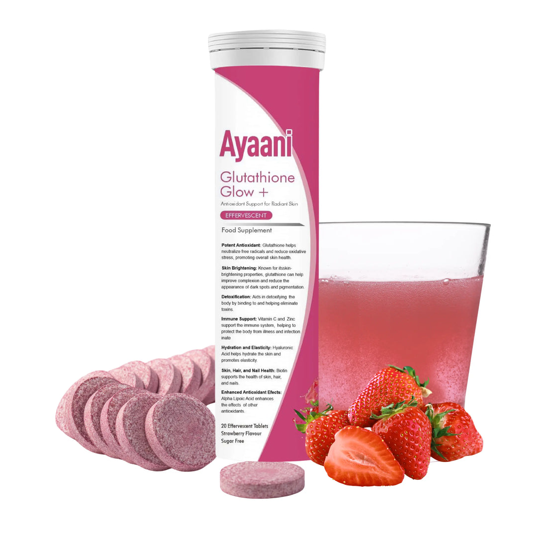 Ayaani Glutathione Glow+ 1200mg - Effervescent Beauty Supplement - Skin Brightening Formula - 20 Tablets - Strawberry Flavour - Ayaani