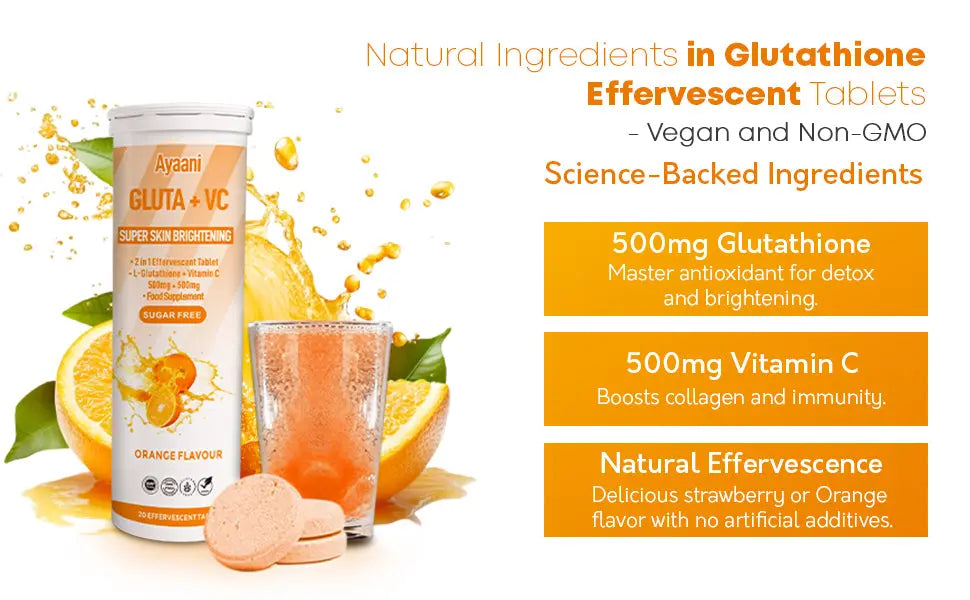 Glutathione 500mg with Vitamin C 500mg - Skin Brightening Effervescent Tablets - Orange Flavour - 20 Tablets - Enhanced Absorption - Ayaani