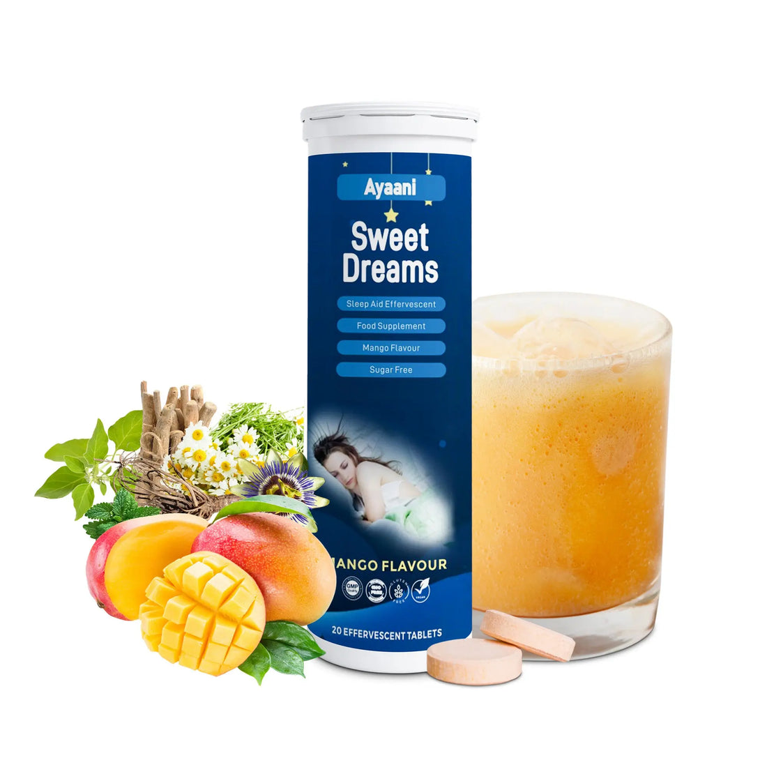 Sleeping Tablets for Adults - Deep Sleep, Vegan, Effervescent - Natural Sleep Aid with Magnesium, Valerian & L-Theanine - 20 Tablets - Ayaani