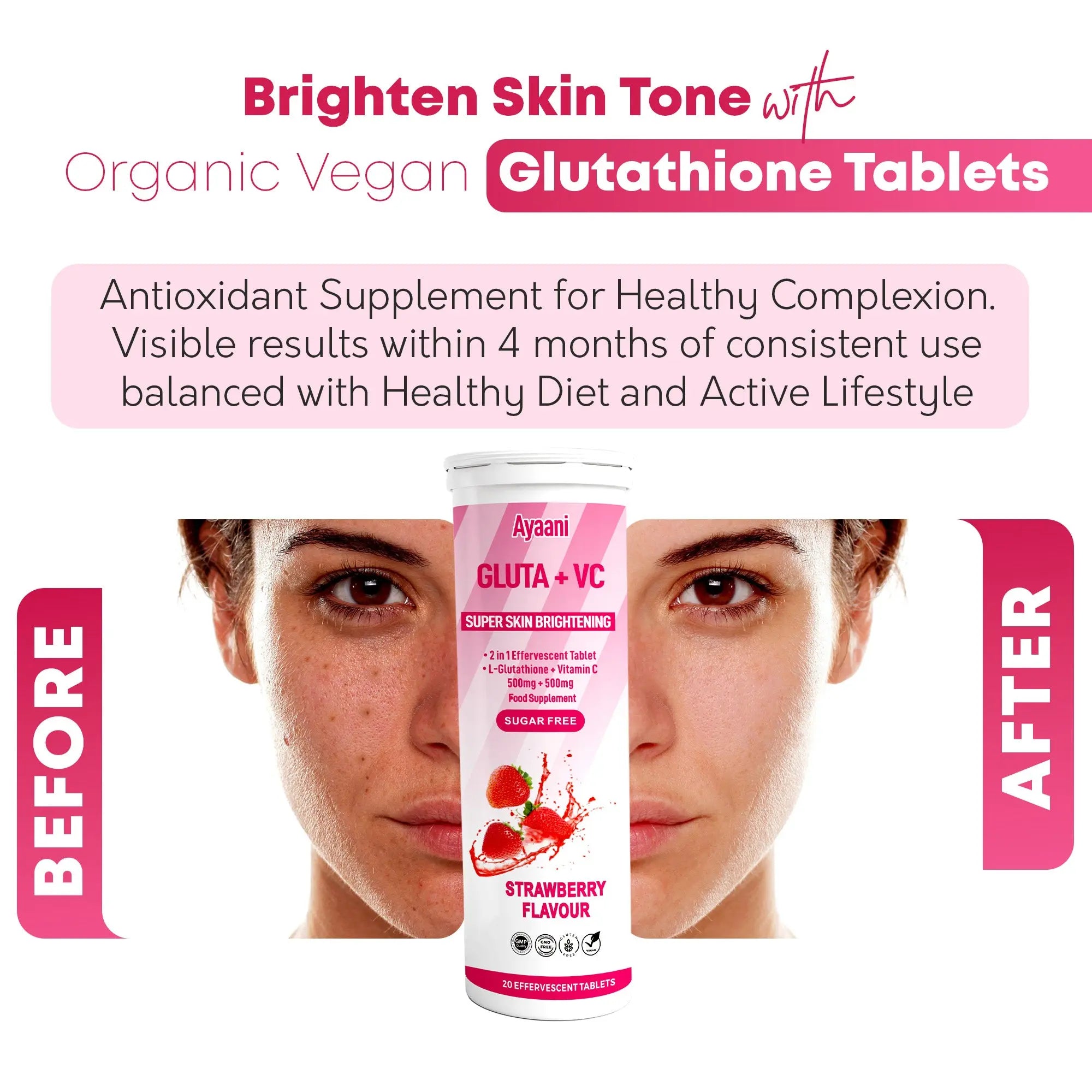 Glutathione 500mg with Vitamin C 500mg - Skin Brightening Effervescent Tablets - Strawberry Flavour - 20 Tablets - Enhanced Absorption - Ayaani