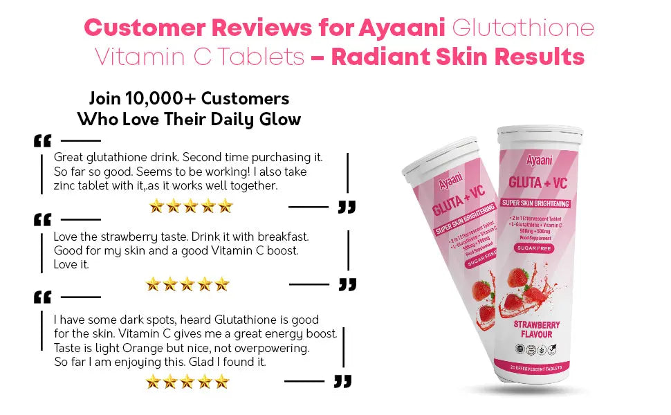 Glutathione 500mg with Vitamin C 500mg - Skin Brightening Effervescent Tablets - Strawberry Flavour - 20 Tablets - Enhanced Absorption - Ayaani