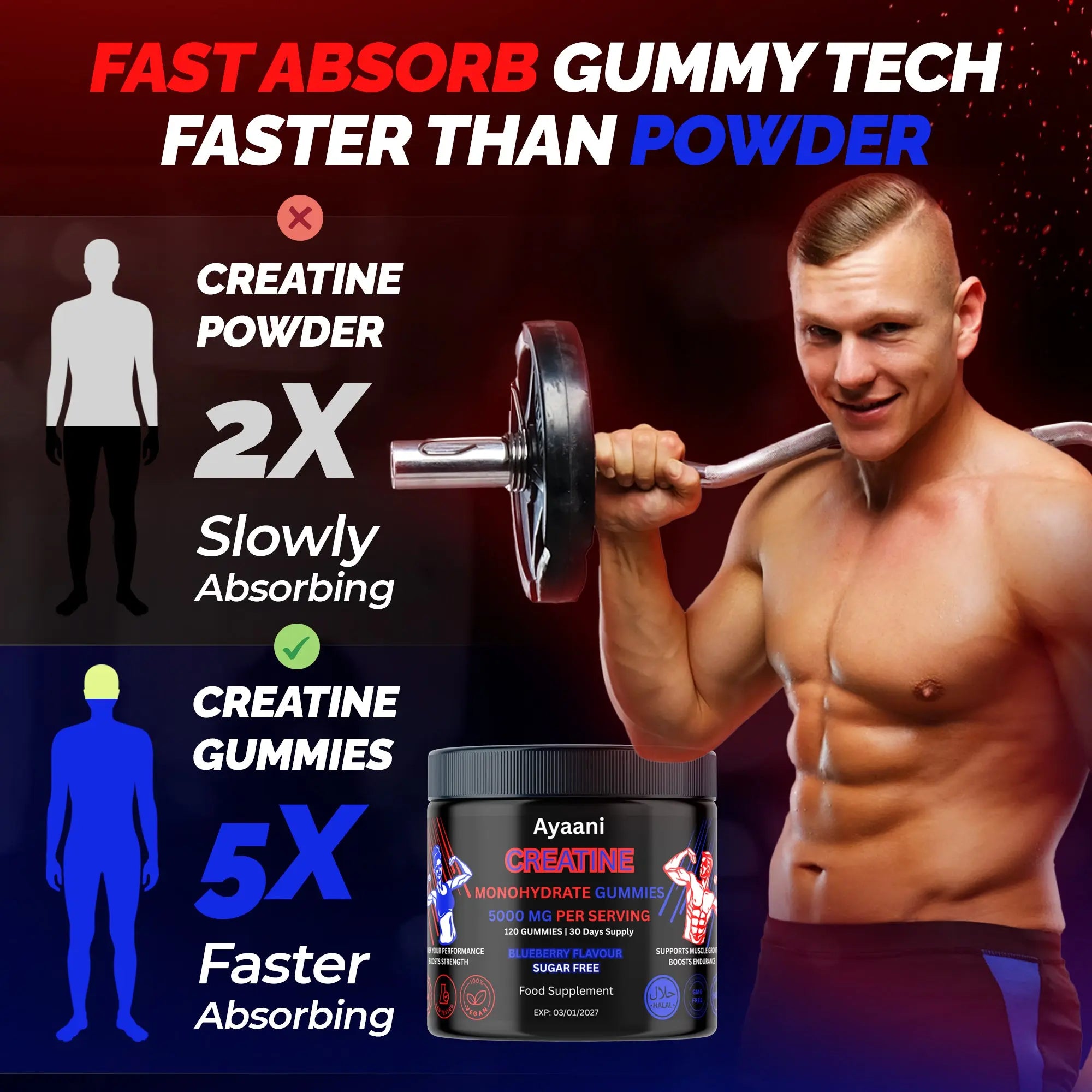 Ayaani Creatine Monohydrate Gummies - 120 Sugar-Free Blueberry Gummies - Muscle Growth & Strength Support - 5000mg Per Serving with L-Creatine, Taurine & Alpha-GPC - UK Developed - Ayaani