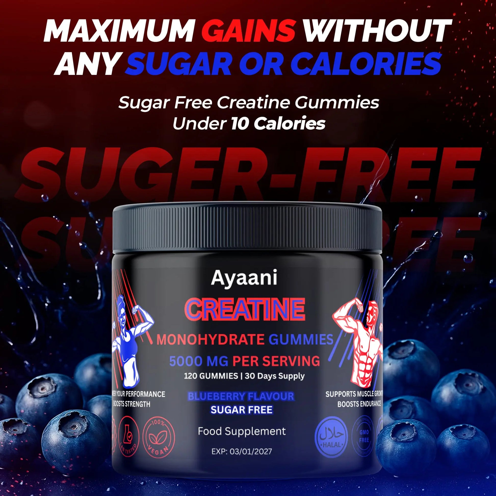 Ayaani Creatine Monohydrate Gummies - 120 Sugar-Free Blueberry Gummies - Muscle Growth & Strength Support - 5000mg Per Serving with L-Creatine, Taurine & Alpha-GPC - UK Developed - Ayaani