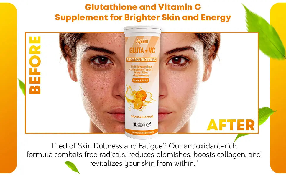 Glutathione 500mg with Vitamin C 500mg - Skin Brightening Effervescent Tablets - Orange Flavour - 20 Tablets - Enhanced Absorption - Ayaani
