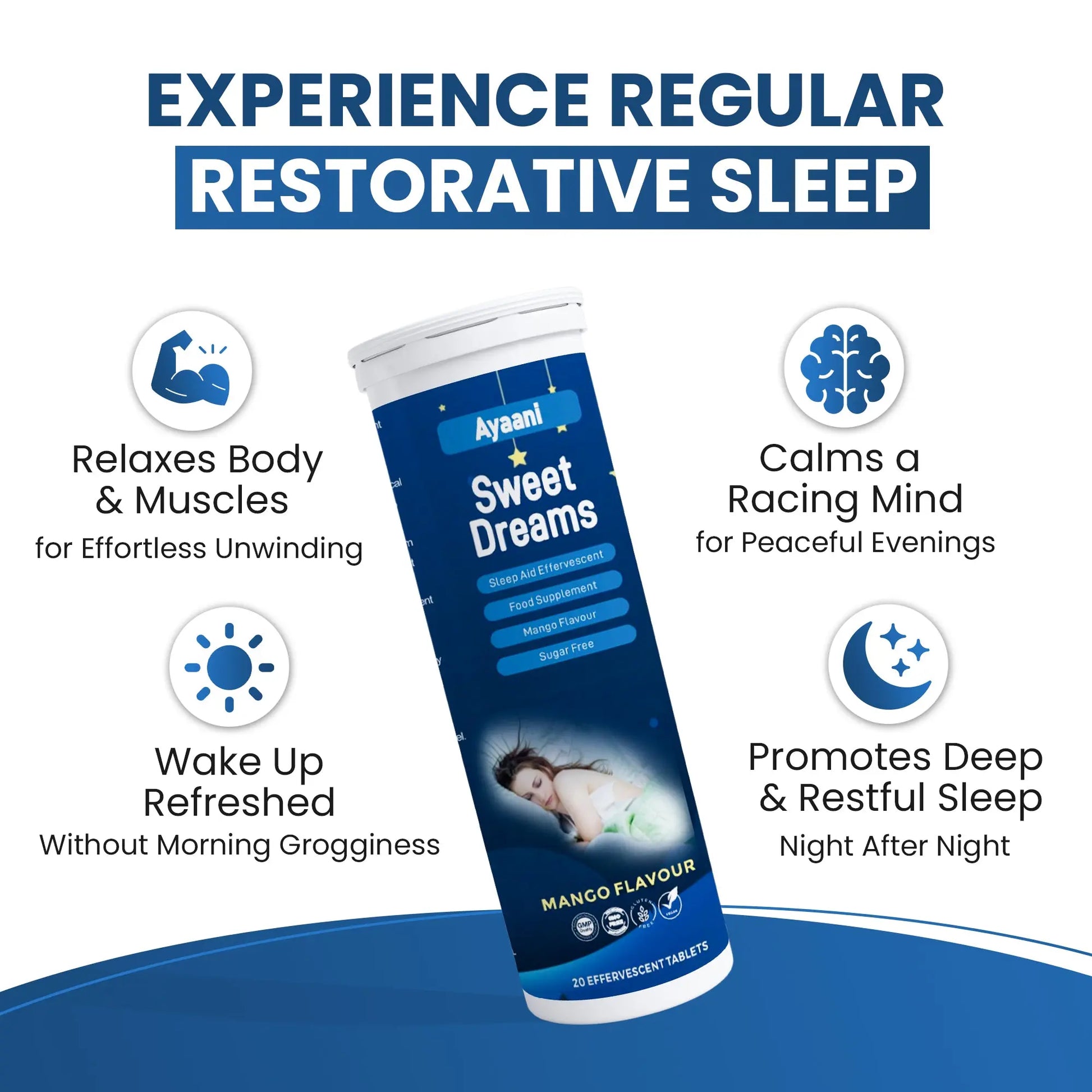 Sleeping Tablets for Adults - Deep Sleep, Vegan, Effervescent - Natural Sleep Aid with Magnesium, Valerian & L-Theanine - 20 Tablets - Ayaani