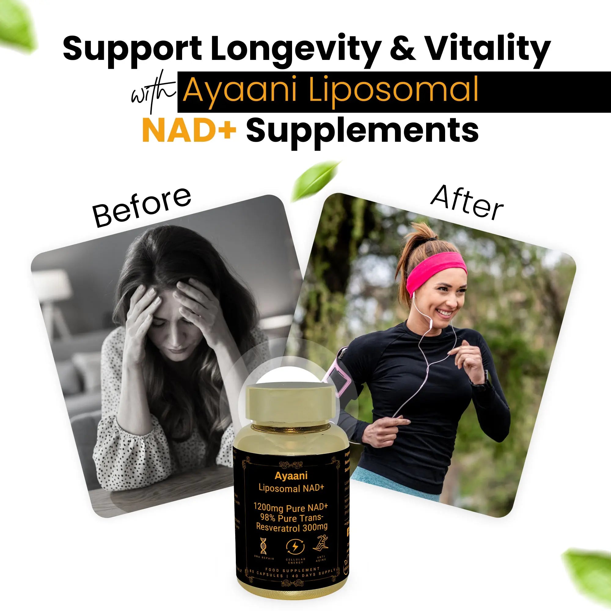 Ayaani Pure Liposomal NAD+ Supplements 1200mg - 80 Capsules - With Resveratrol 300mg - Anti-Ageing & Energy Support - Ayaani