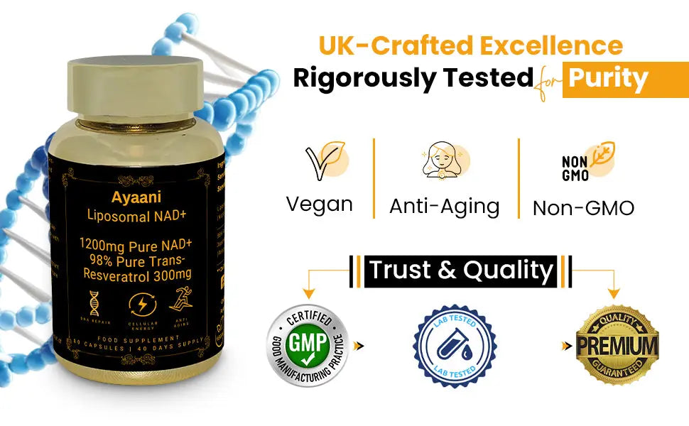 Ayaani Pure Liposomal NAD+ Supplements 1200mg - 80 Capsules - With Resveratrol 300mg - Anti-Ageing & Energy Support - Ayaani