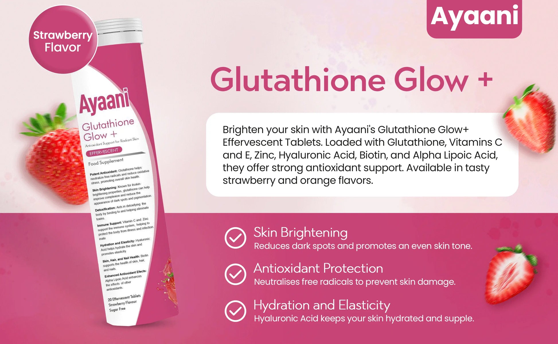 Ayaani Glutathione Glow+ 1200mg - Effervescent Beauty Supplement - Skin Brightening Formula - 20 Tablets - Strawberry Flavour - Ayaani