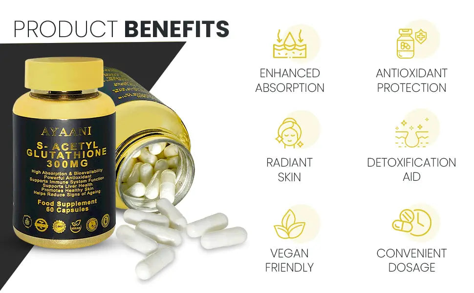 S-Acetyl Glutathione 300mg - Advanced Skin Brightening Supplement - 60 Capsules - Enhanced Absorption Formula - Developed in UK - Ayaani
