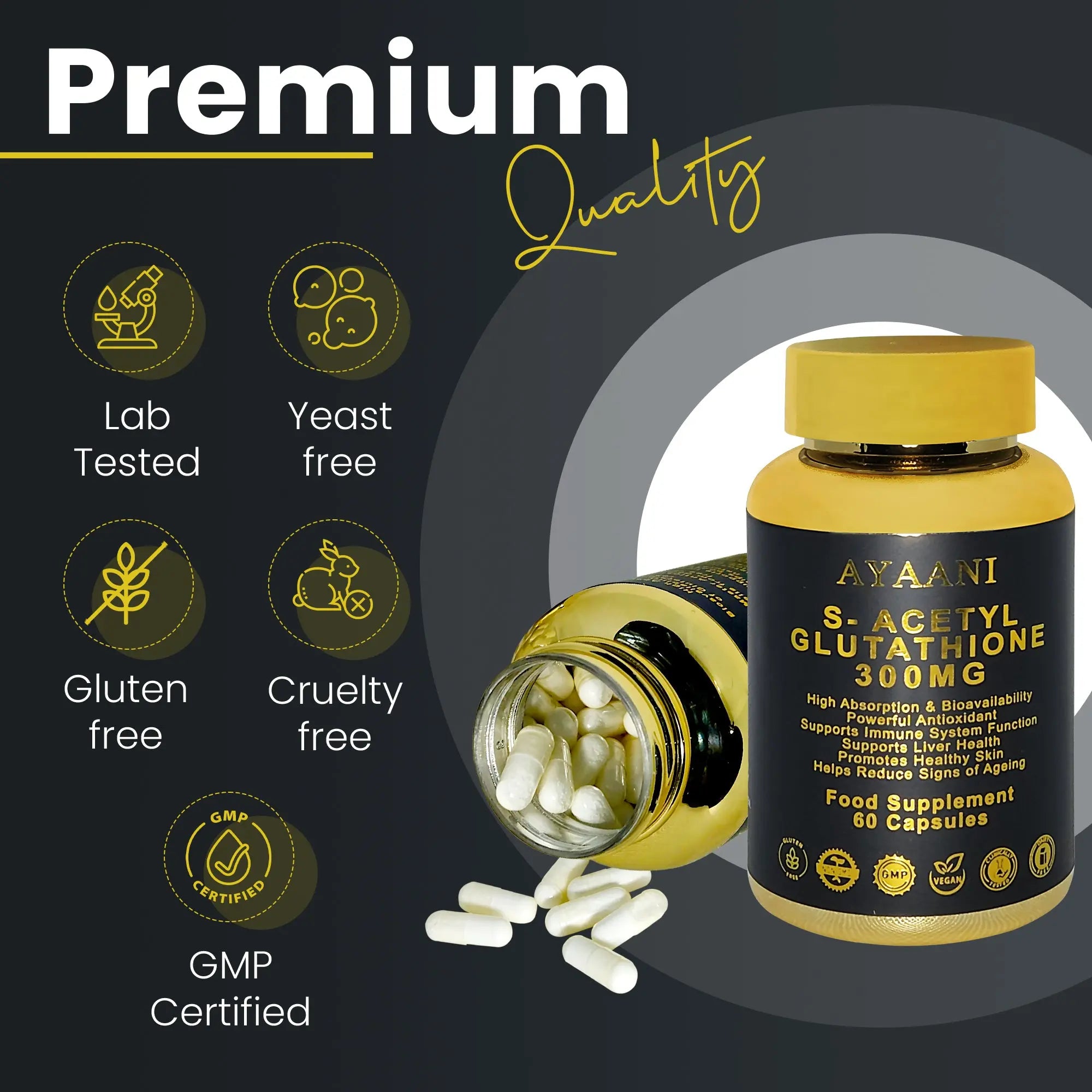 S-Acetyl Glutathione 300mg - Advanced Skin Brightening Supplement - 60 Capsules - Enhanced Absorption Formula - Developed in UK - Ayaani