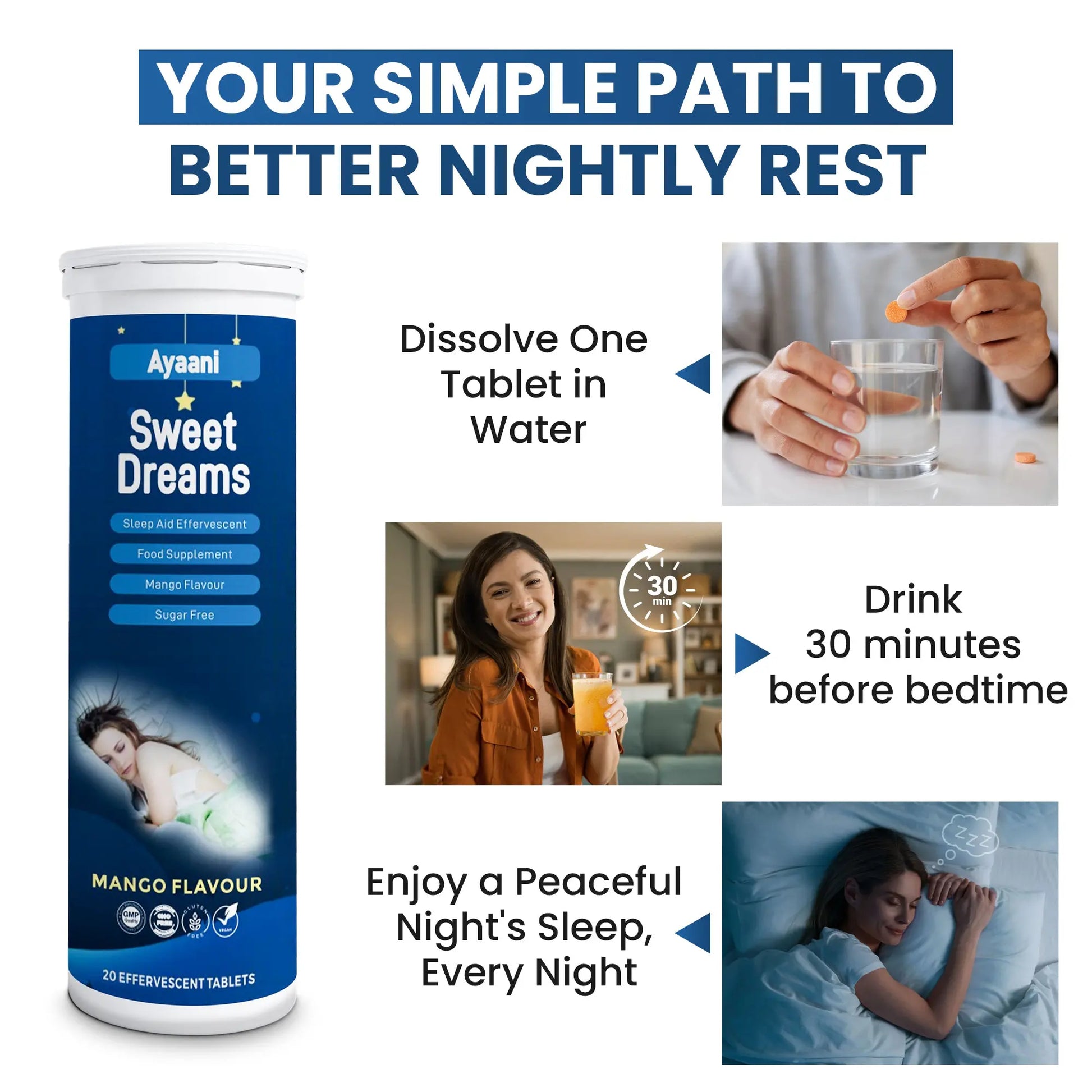 Sleeping Tablets for Adults - Deep Sleep, Vegan, Effervescent - Natural Sleep Aid with Magnesium, Valerian & L-Theanine - 20 Tablets - Ayaani